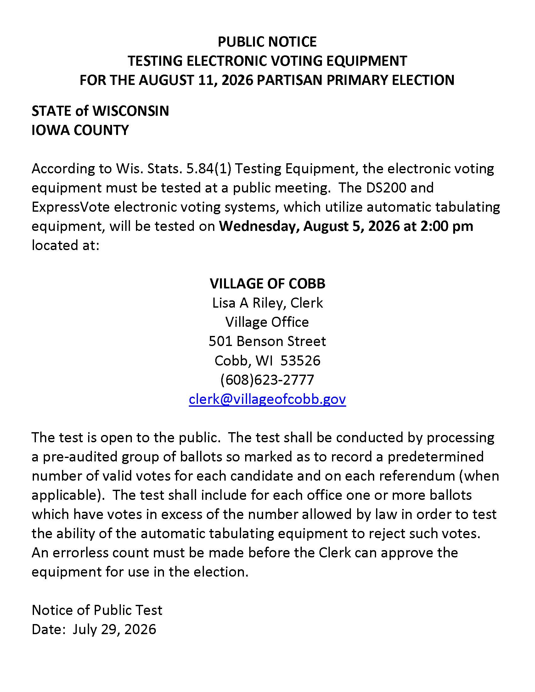 Public Test of Voting Equipment for August 11, 2026 Partisan Primary Election